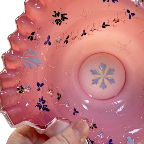 Victorian Brides Basket Bristol? Glass Cranberry Pink & White Bowl Enamel Design - Picture 3 of 10